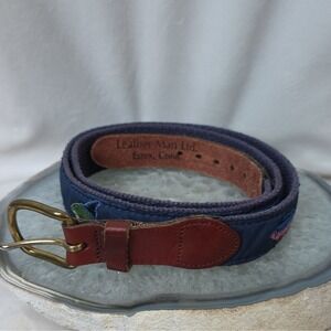 Vintage Mens Leather Man Ltd ribbon belt. Made in USA. Blue fish motif/Size 42